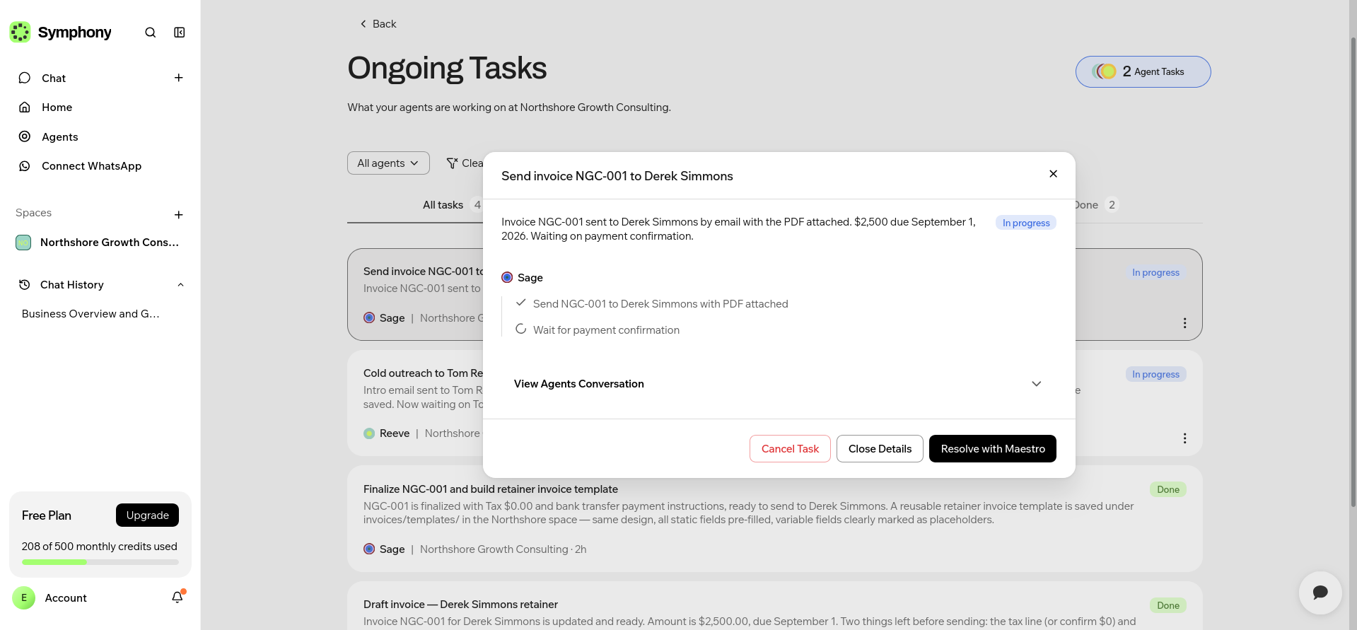 Sage task summary confirming the invoice was sent and awaiting payment
