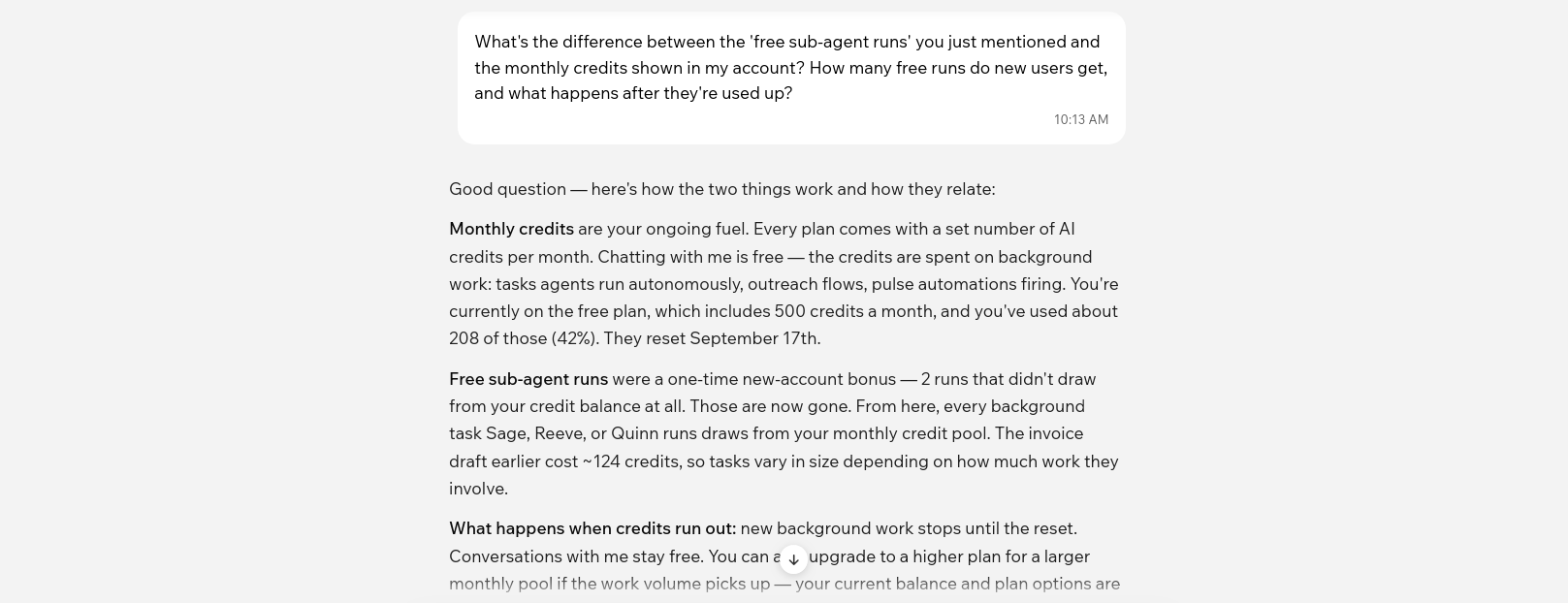 Maestro explaining Symphony AI credits and free sub-agent runs