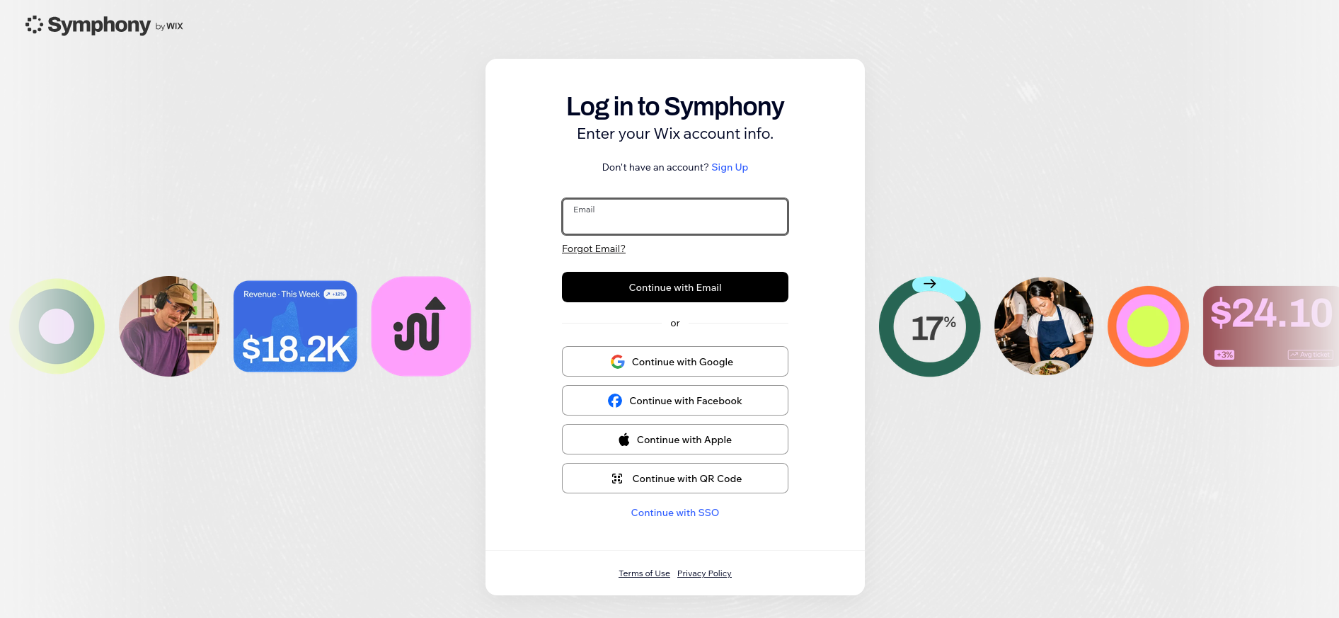 Symphony by Wix sign-in options including email, Google, Facebook, Apple, QR code, and SSO