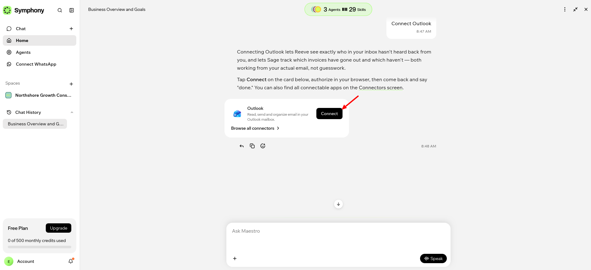 Maestro recommending an email account connection during onboarding