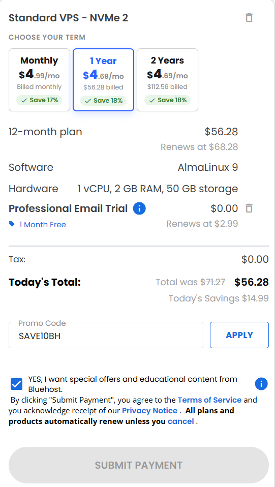 screenshot of entering SAVE10BH Bluehost coupon code from HostAdvice