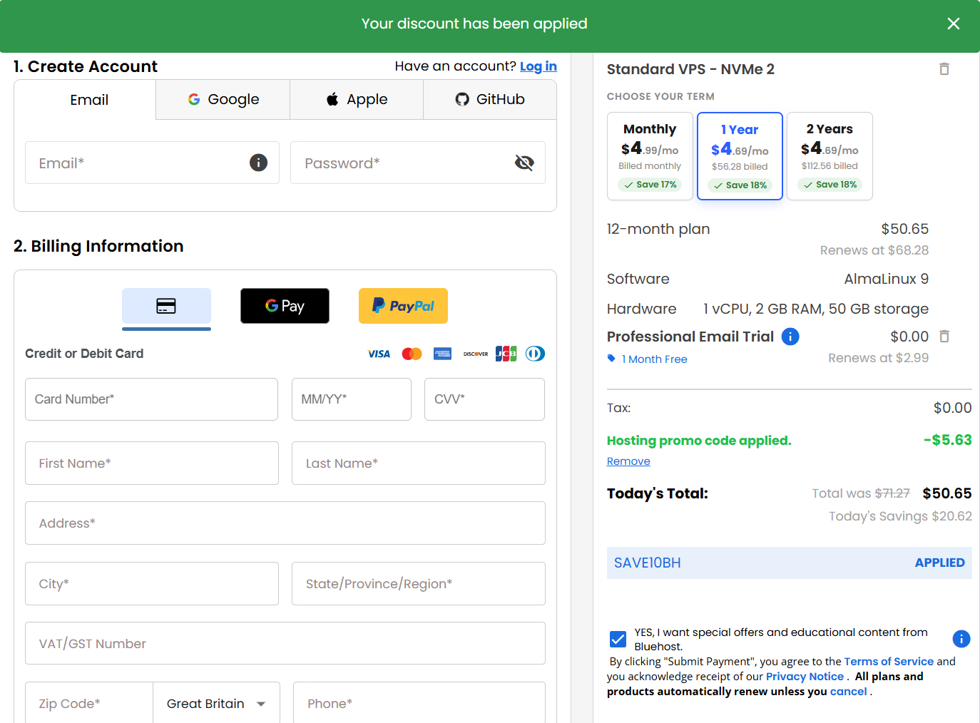 screenshot of applied SAVE10BH Bluehost coupon code from HostAdvice