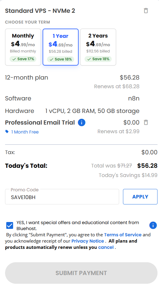 screenshot of entering SAVE10BH Bluehost coupon code from HostAdvice