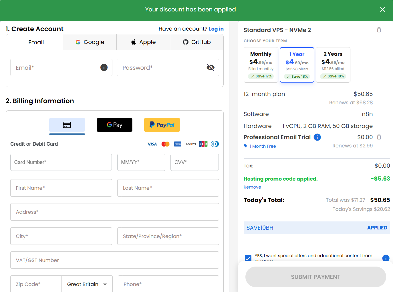 screenshot of applied SAVE10BH Bluehost coupon code from HostAdvice
