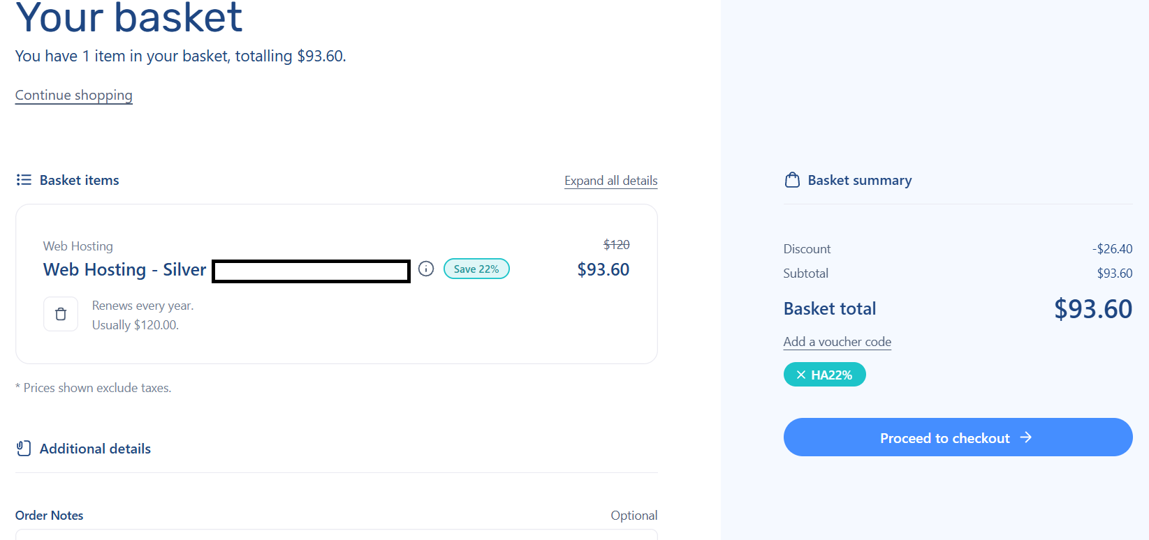screenshot of applied HA22% Verpex coupon code from HostAdvice