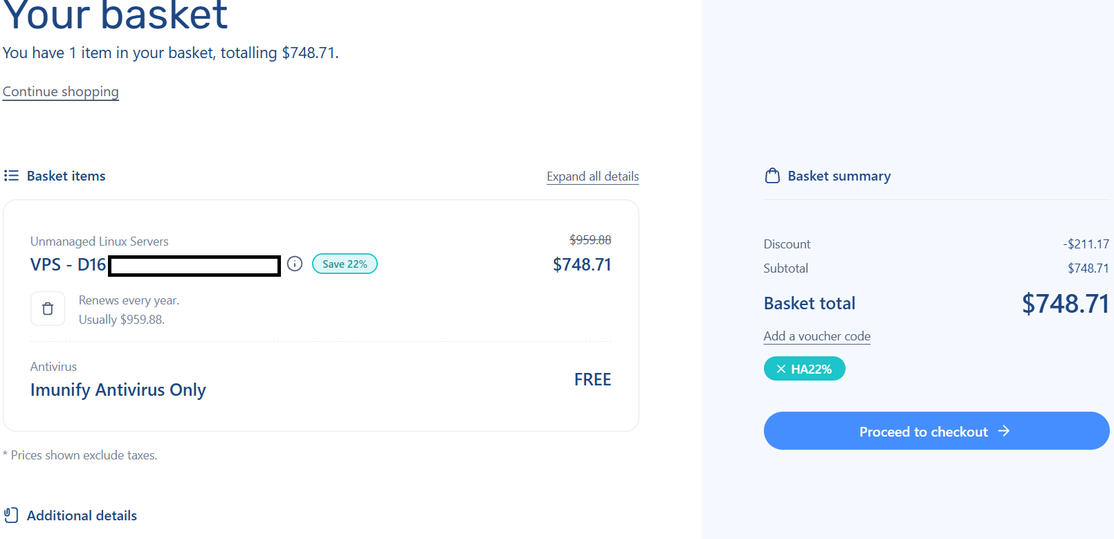 screenshot of applied HA22% Verpex coupon code from HostAdvice