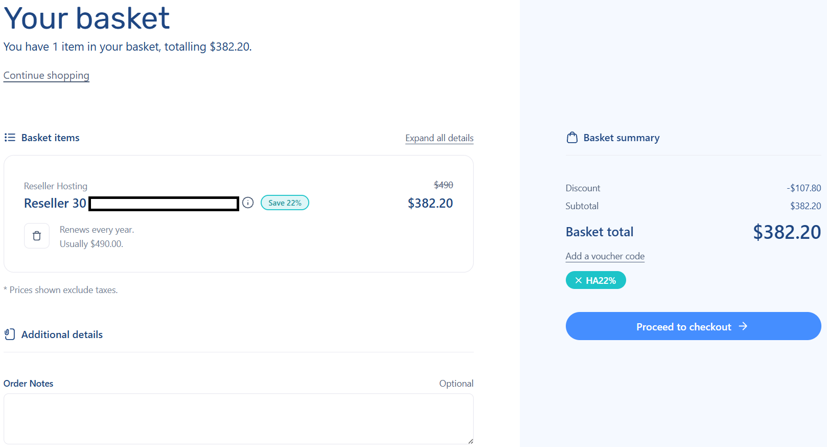 screenshot of applied HA22% coupon code from HostAdvice