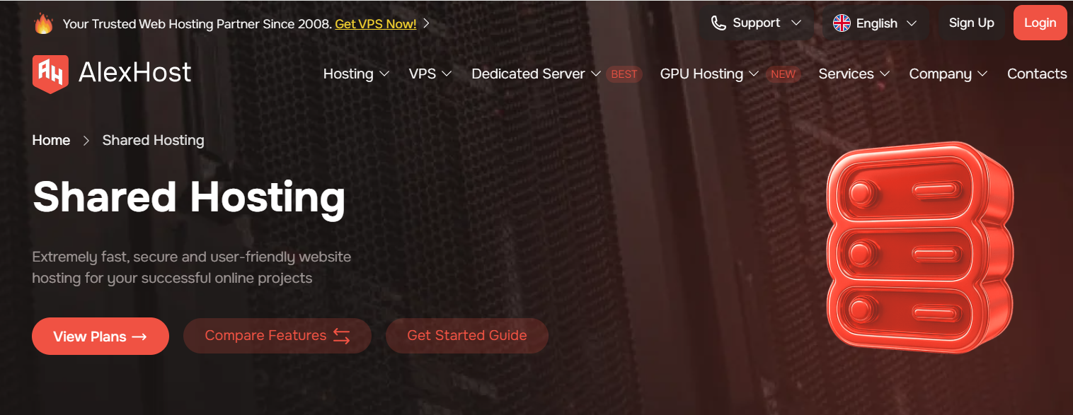 AlexHost Hosting option in main navigation menu