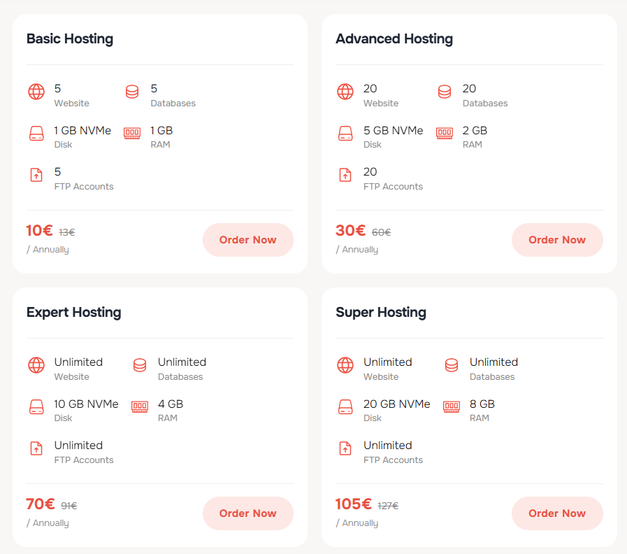 AlexHost shared hosting plans and Order Now options