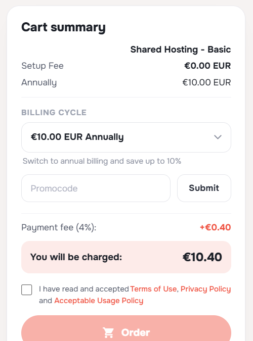 AlexHost coupon code field at checkout