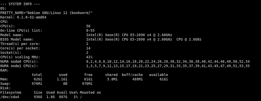 Terminal output showing server system specs including OS, kernel version, CPU model, RAM, and disk capacity
