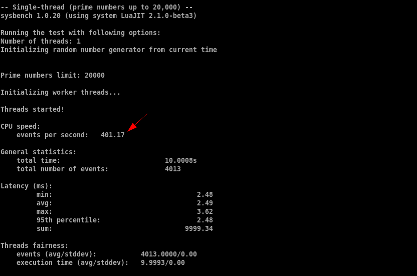 sysbench CPU benchmark terminal output showing single-thread results