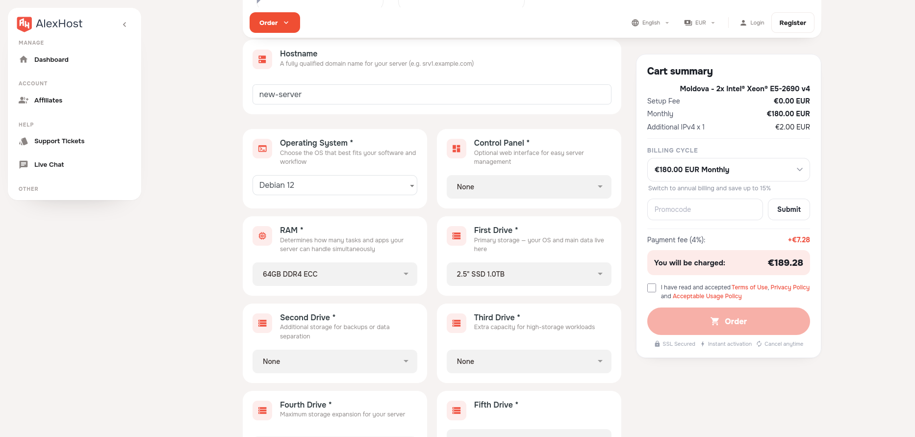 screenshot of the AlexHost hosting plan configurations