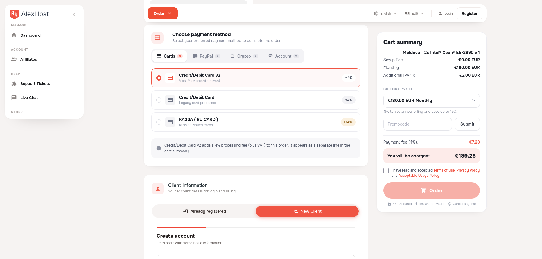 screenshot of the payment methods