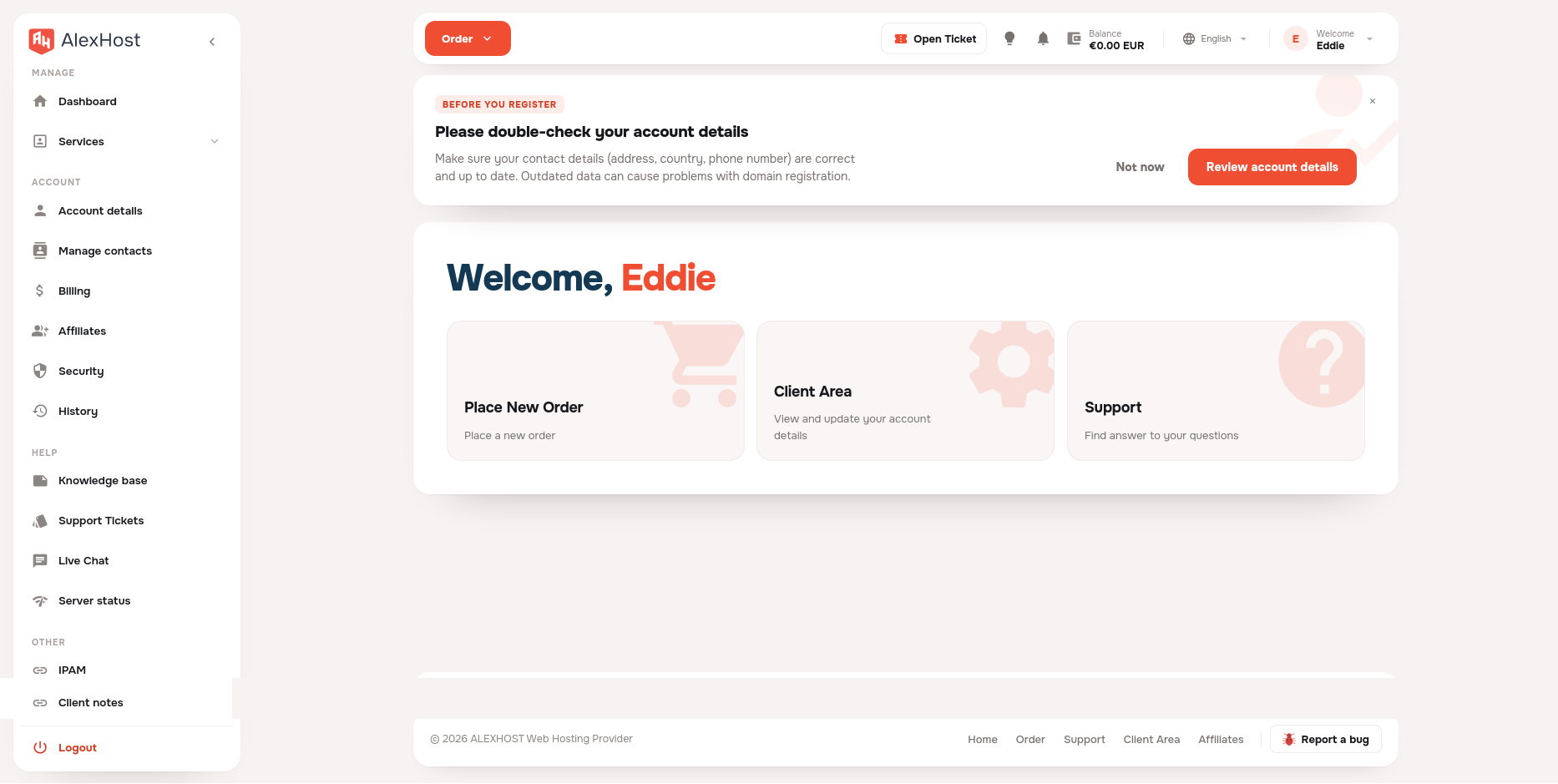 screenshot of the AlexHost dashboard