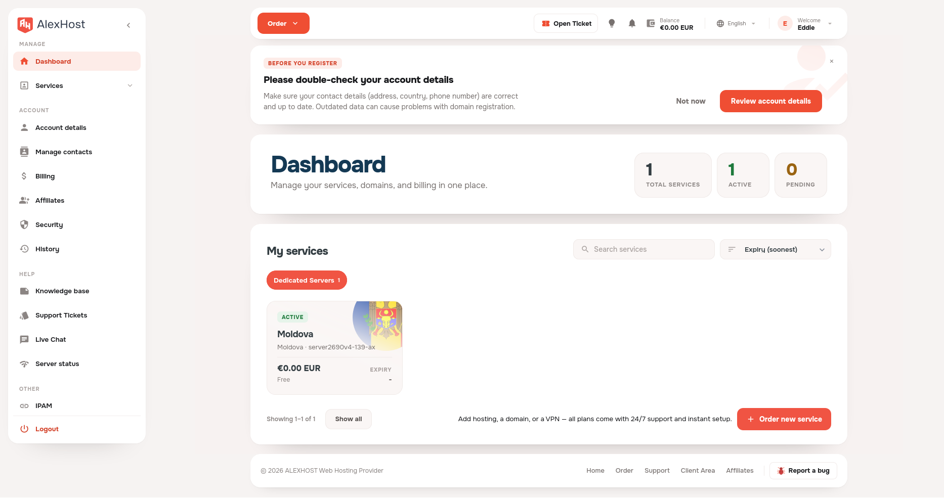 screenshot of the AlexHost dashboard