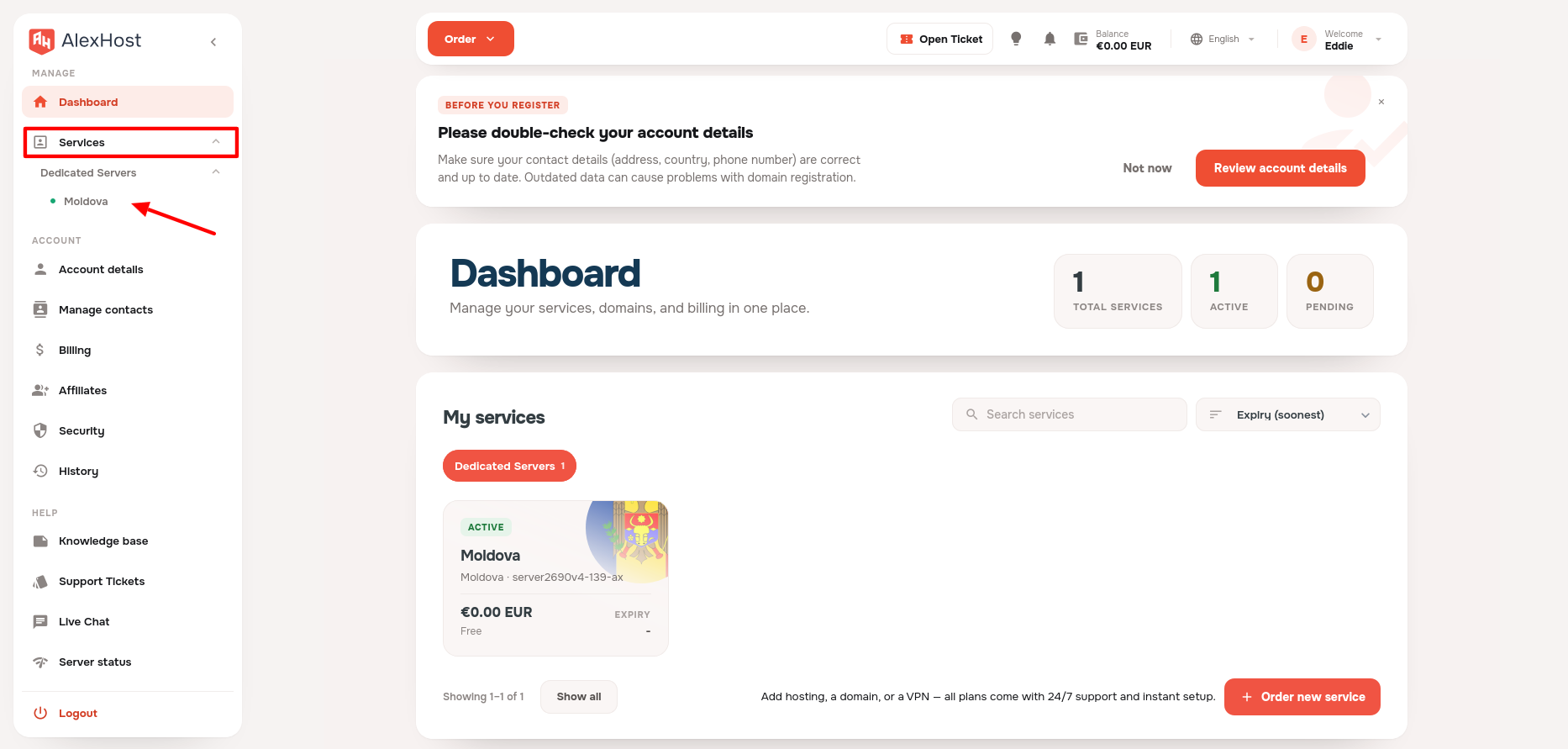 screenshot of the Services menu