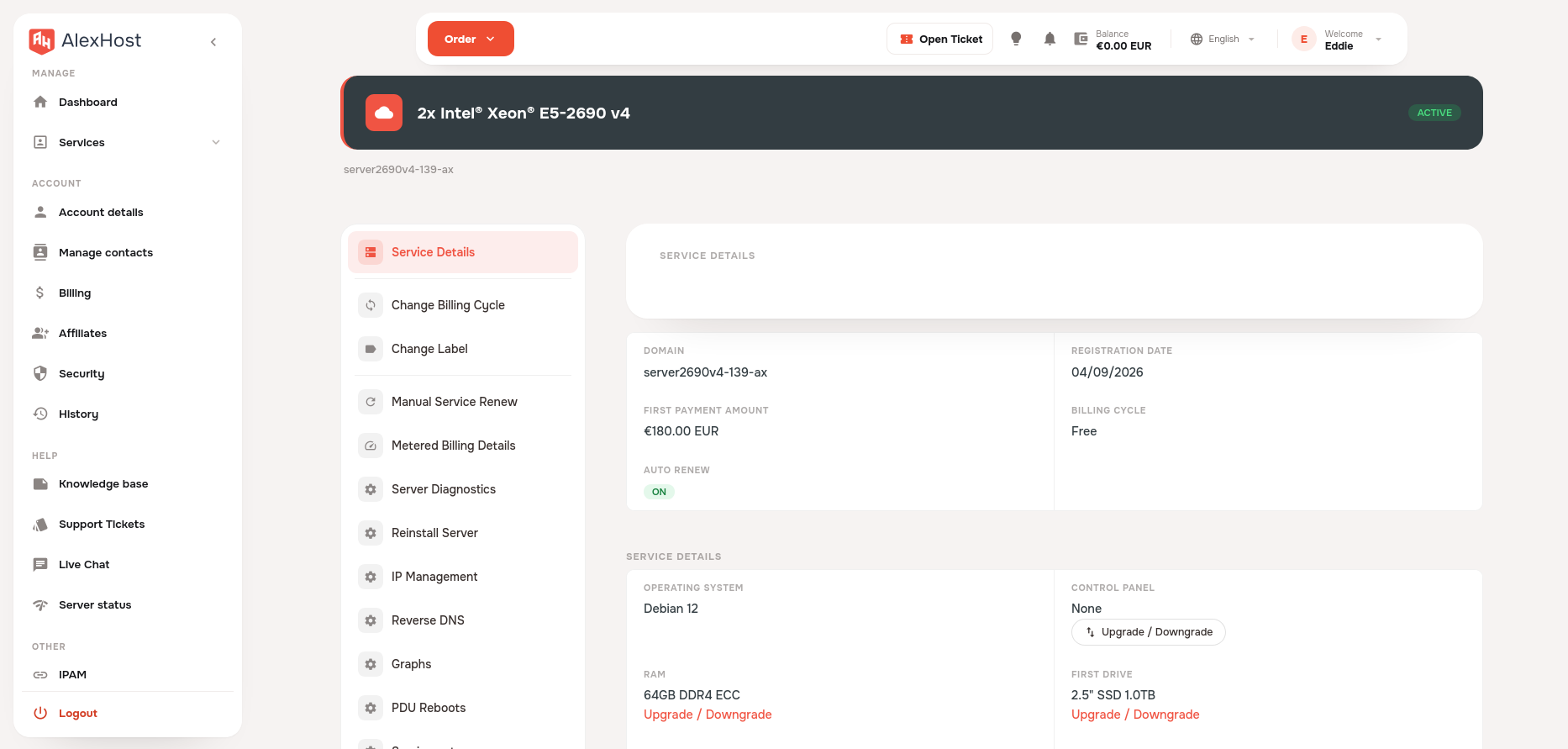 screenshot of the Service details menu