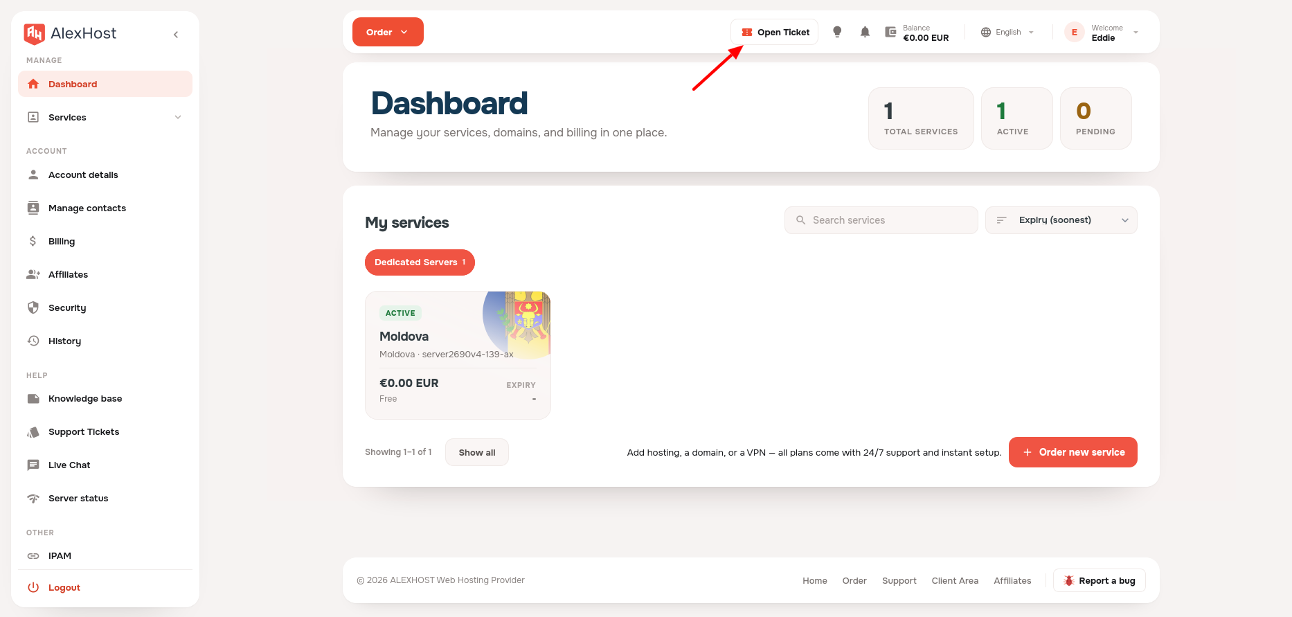 screenshot of the Open ticket button