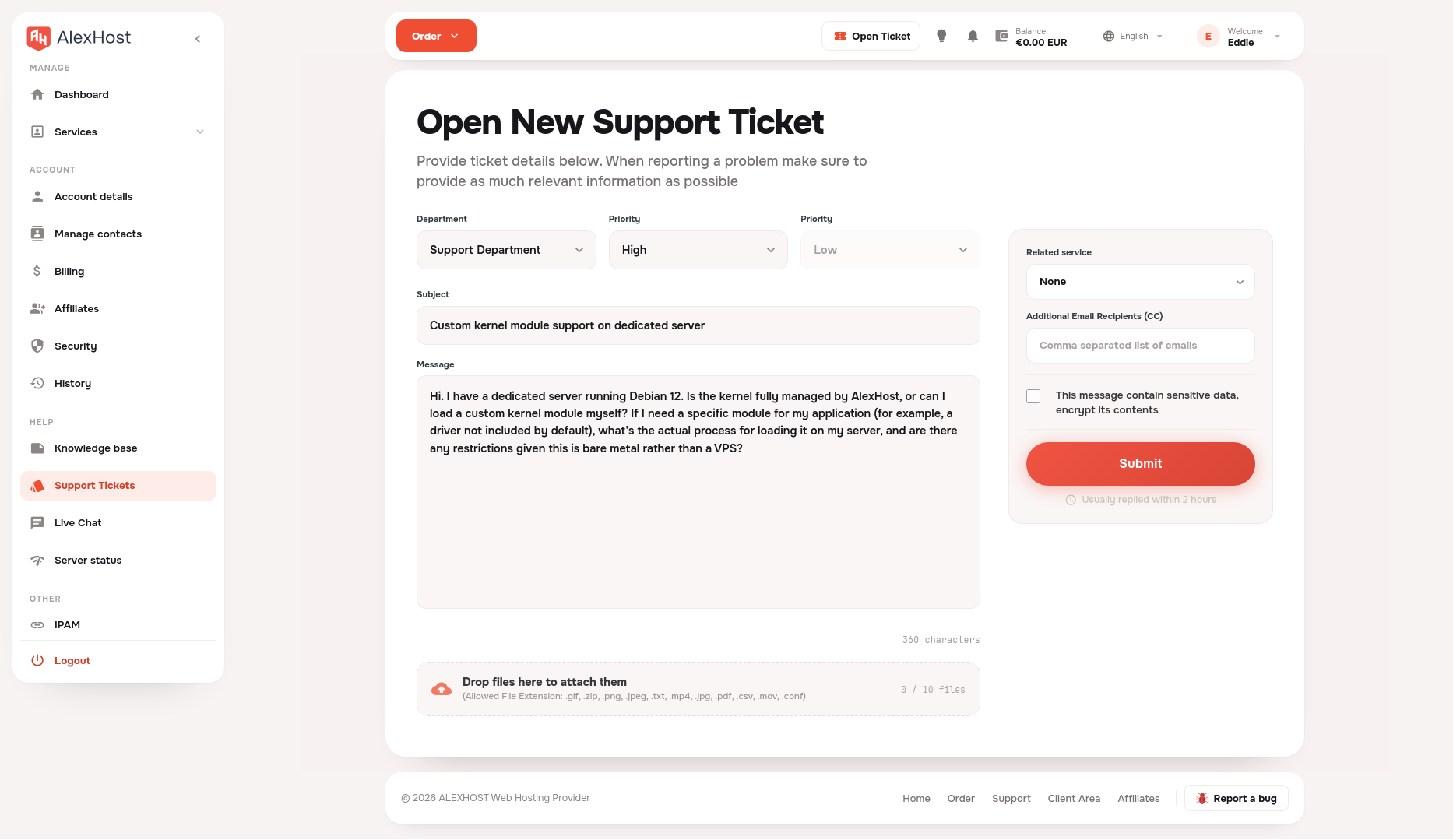 screenshot of the Open ticket menu