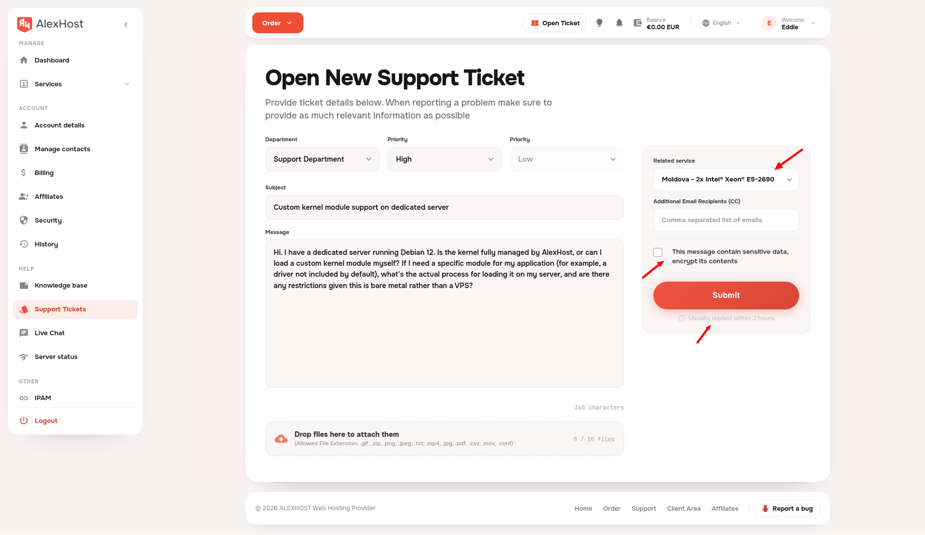 screenshot of the Open ticket menu
