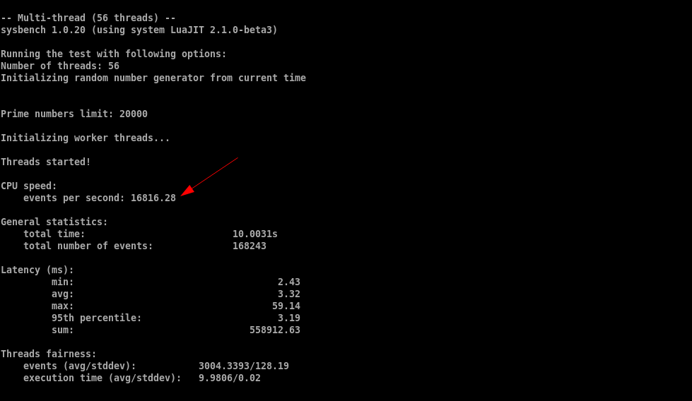sysbench CPU benchmark terminal output showing multi-thread results