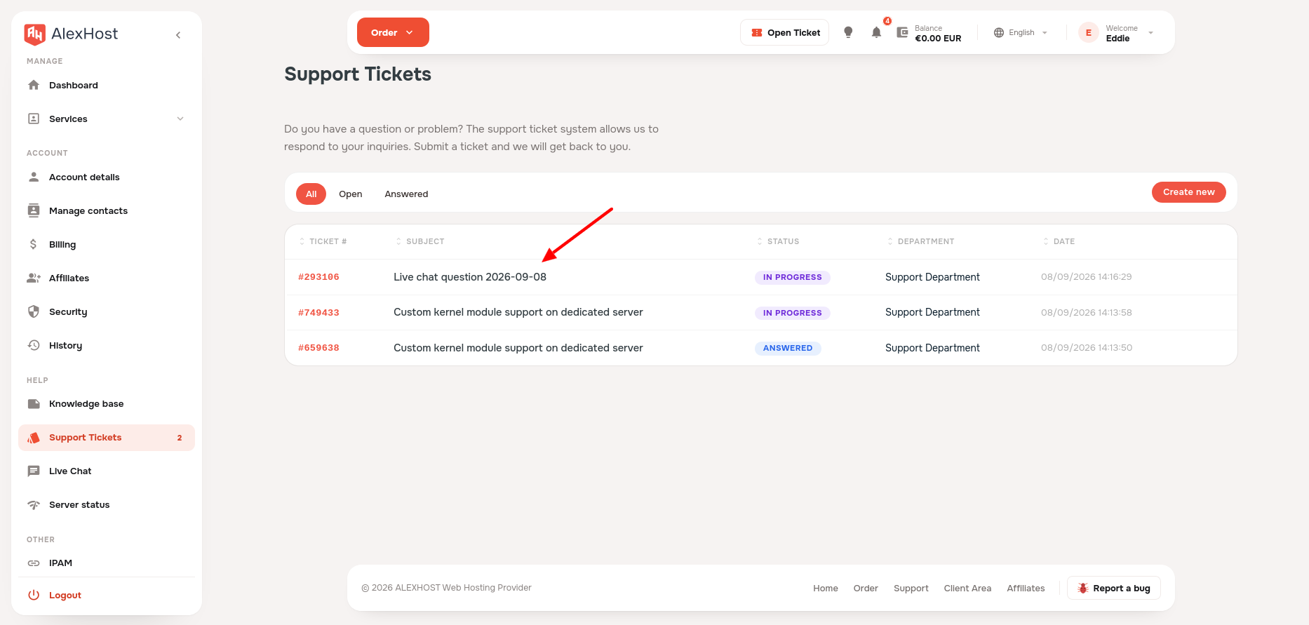 screenshot of the Support Tickets list