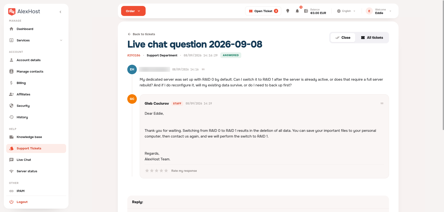 screenshot of the Live Chat question on Support Ticket page