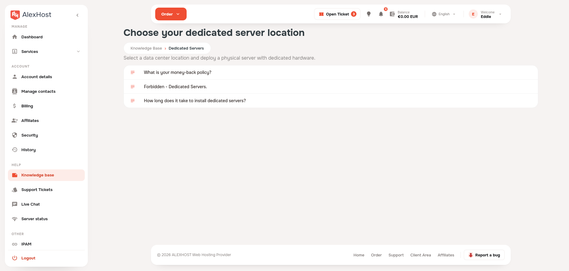 screenshot of the Knowledge Base menu