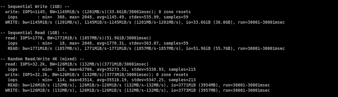 fio disk benchmark terminal output showing sequential and random read/write results