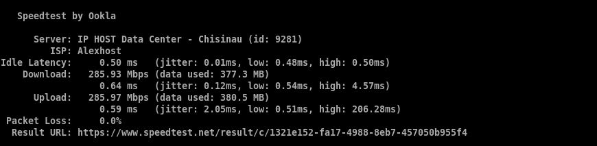 Ookla speedtest CLI results showing download, upload, latency, and packet loss for two test servers
