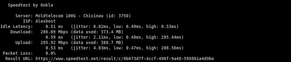 Ookla speedtest CLI results showing download, upload, latency, and packet loss for two test servers