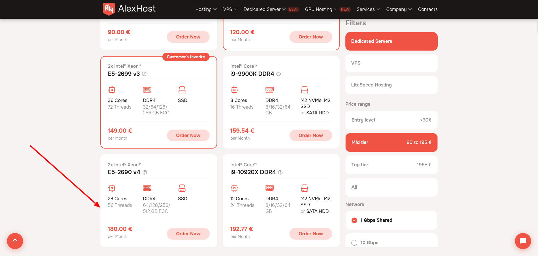 screenshot of the AlexHost hosting plans