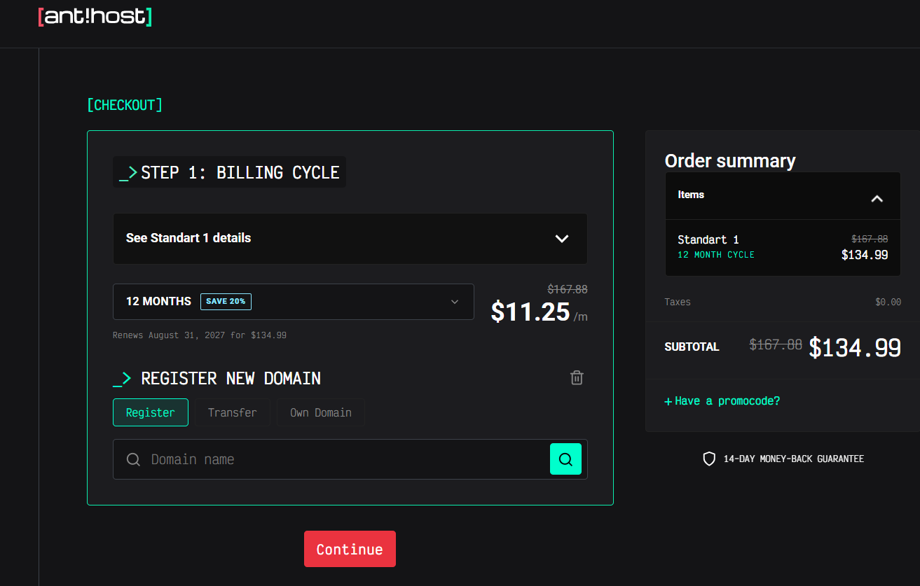 Antihost hosting checkout and billing options