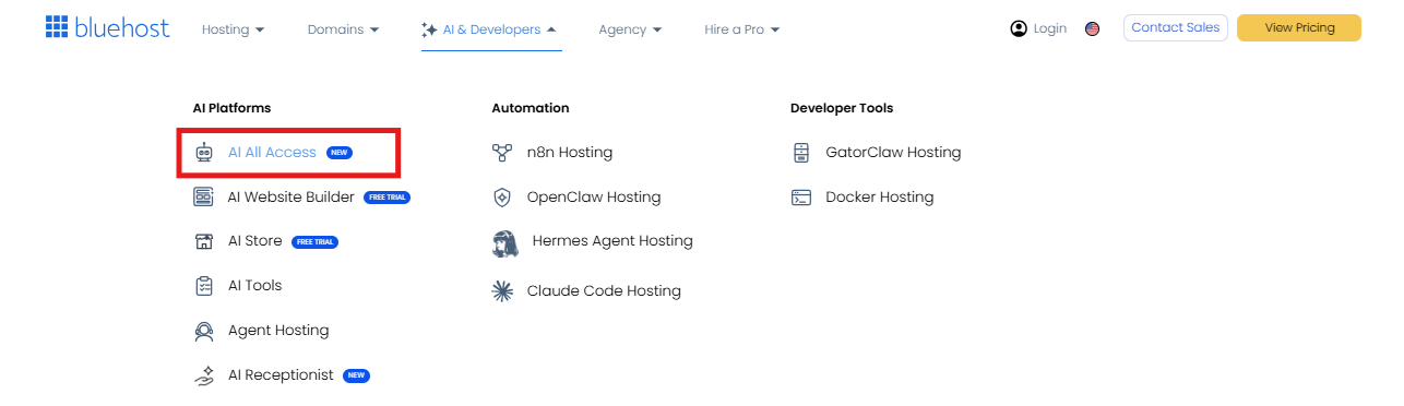 Bluehost AI and Developers AI All-Access menu