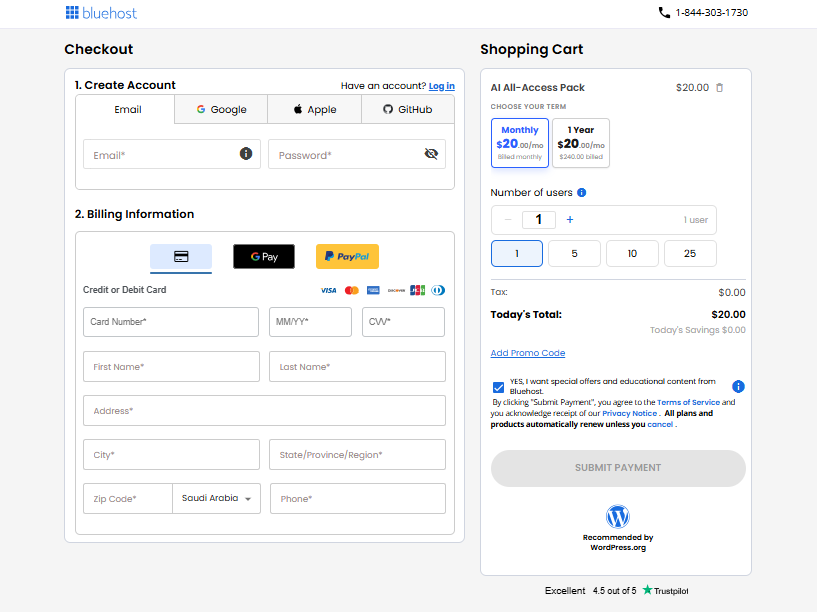 Bluehost AI All-Access checkout page