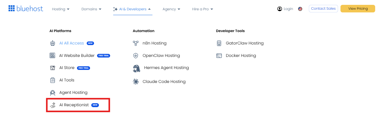 Bluehost AI Receptionist AI and Developers Section