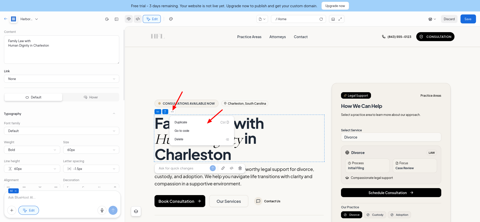 Bluehost AI Website Builder visual editor with a selected page element