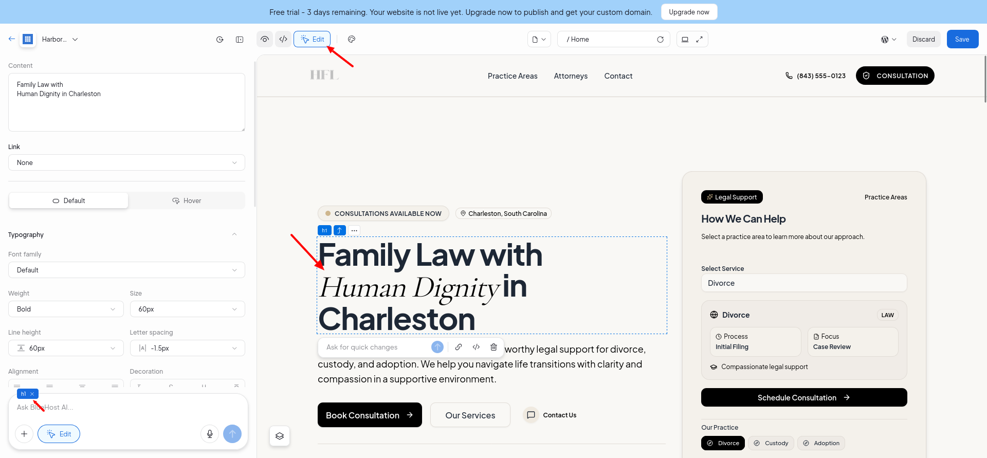 Bluehost AI Website Builder element style controls