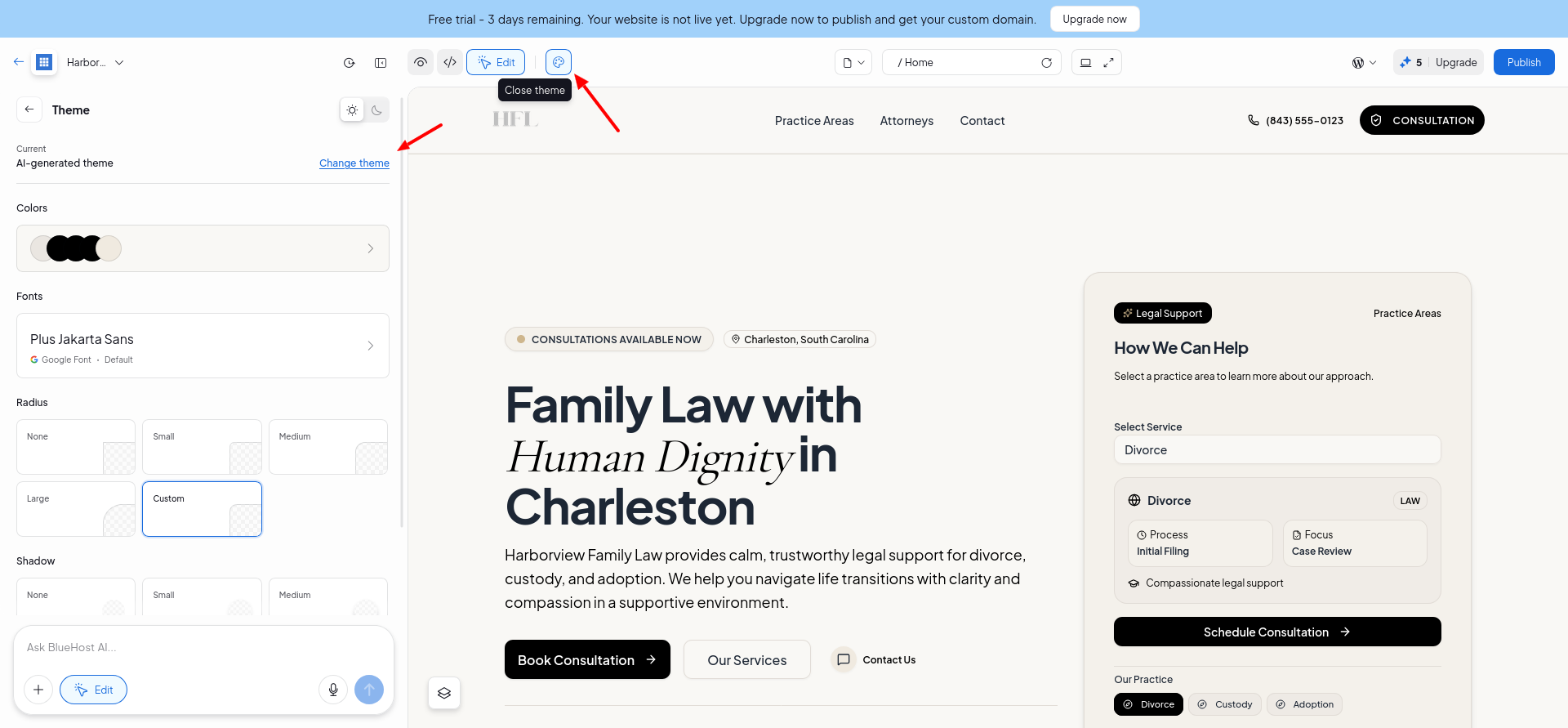Bluehost AI Website Builder site-wide theme color and typography controls