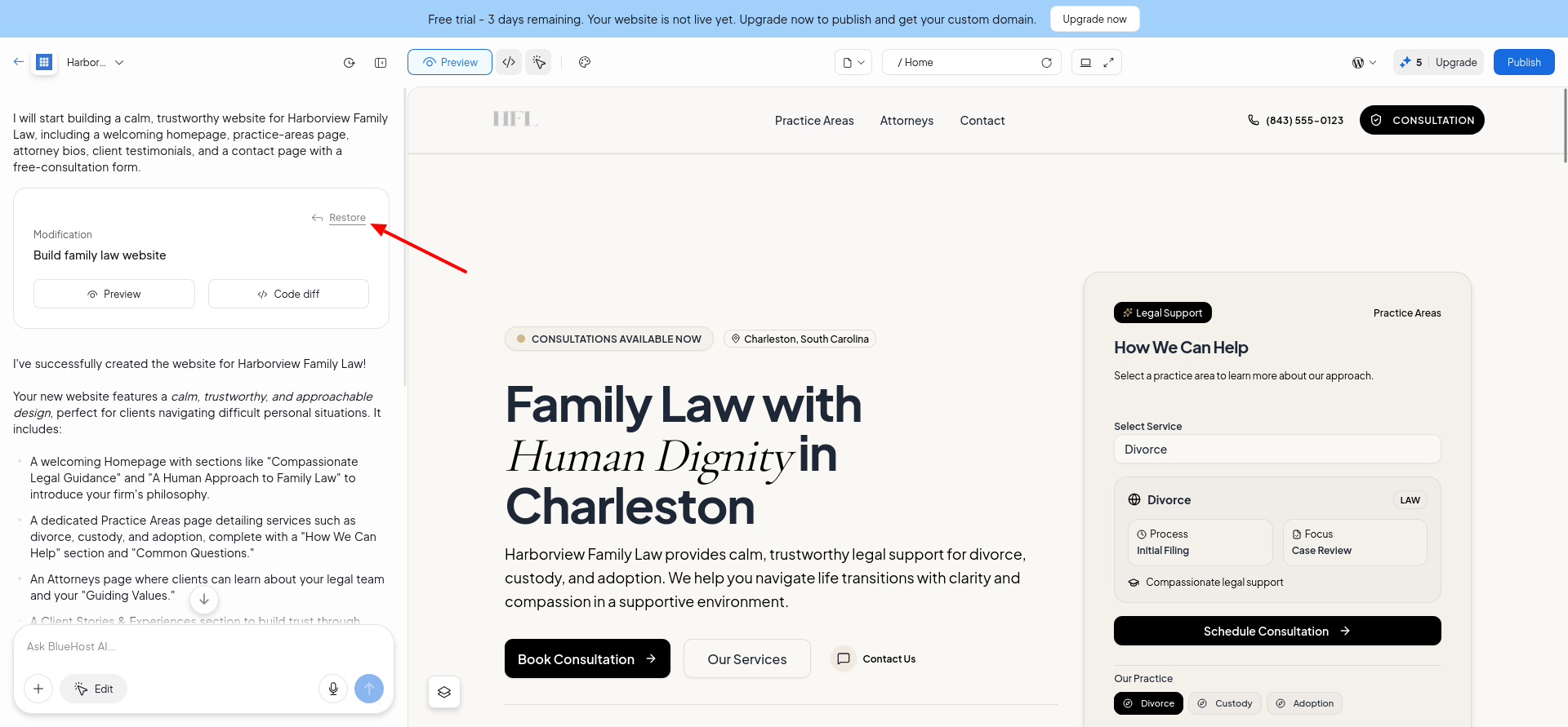 Bluehost AI Website Builder modification history with preview and restore controls