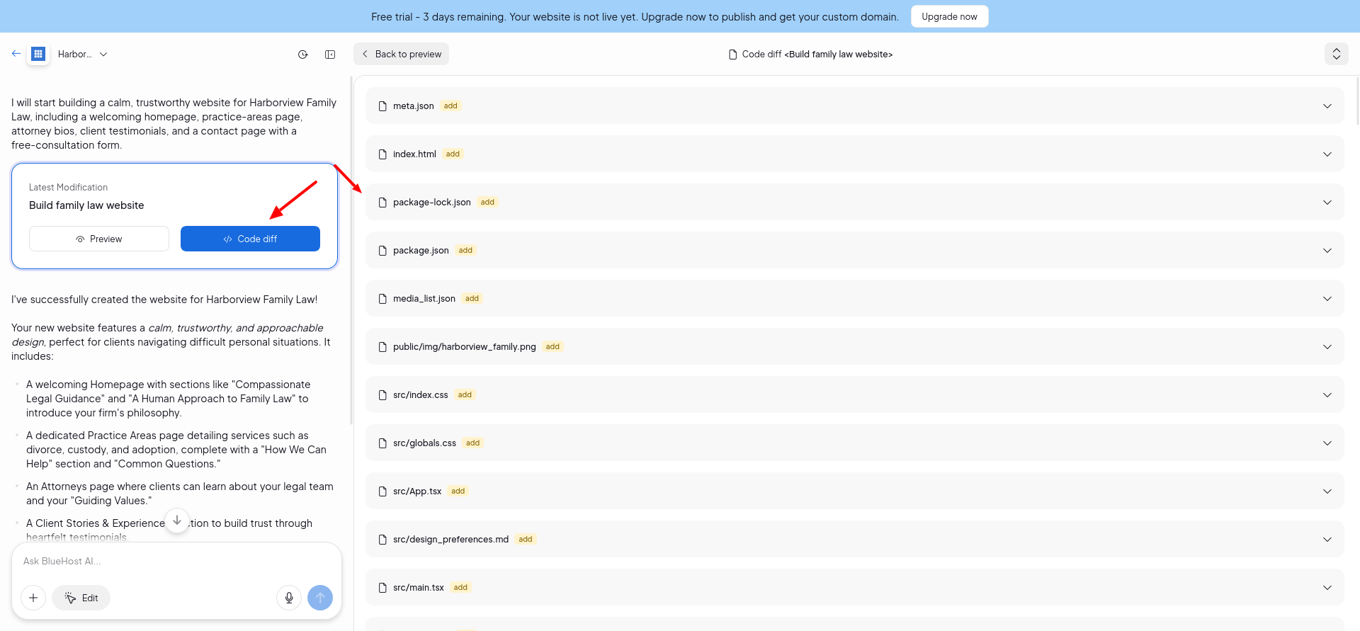 Bluehost AI Website Builder code diff showing files changed by an AI edit