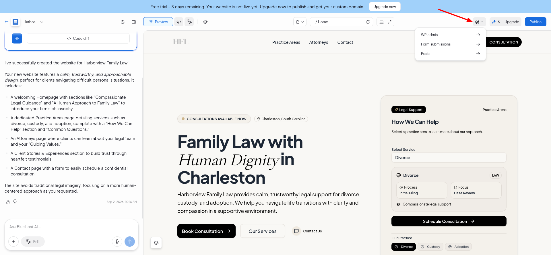 WordPress menu inside Bluehost AI Website Builder with WP Admin access