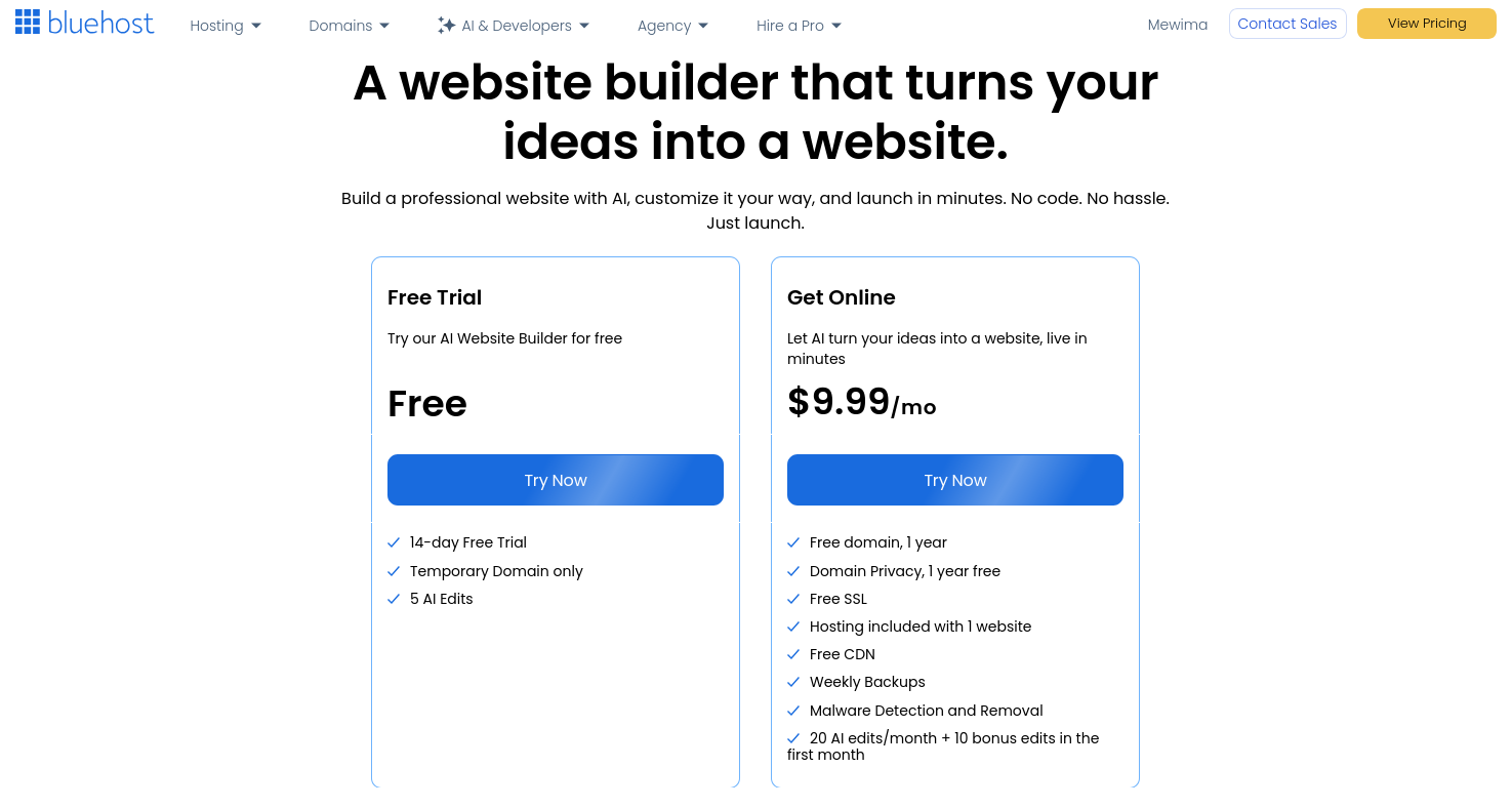 Bluehost AI Website Builder plans and pricing