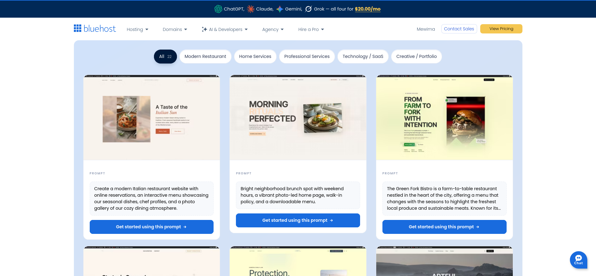 Bluehost AI Website Builder template gallery with example prompts