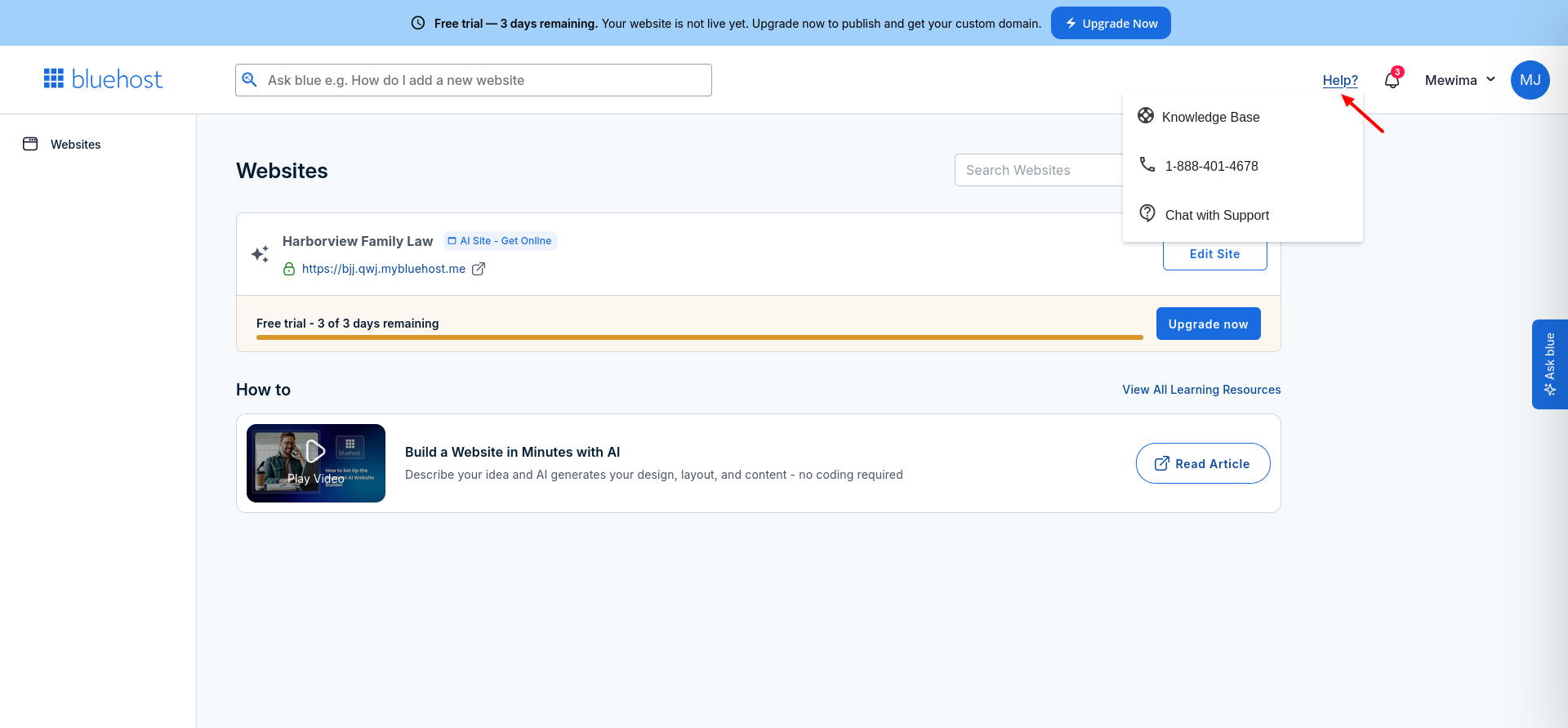 Bluehost Account Manager support options for knowledge base phone and live chat
