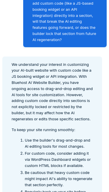 Bluehost AI live chat response about using custom code with the AI Website Builder