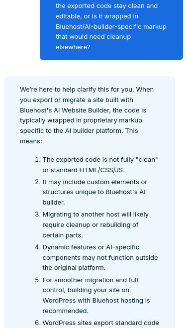 Bluehost AI live chat response about migrating an AI Website Builder site