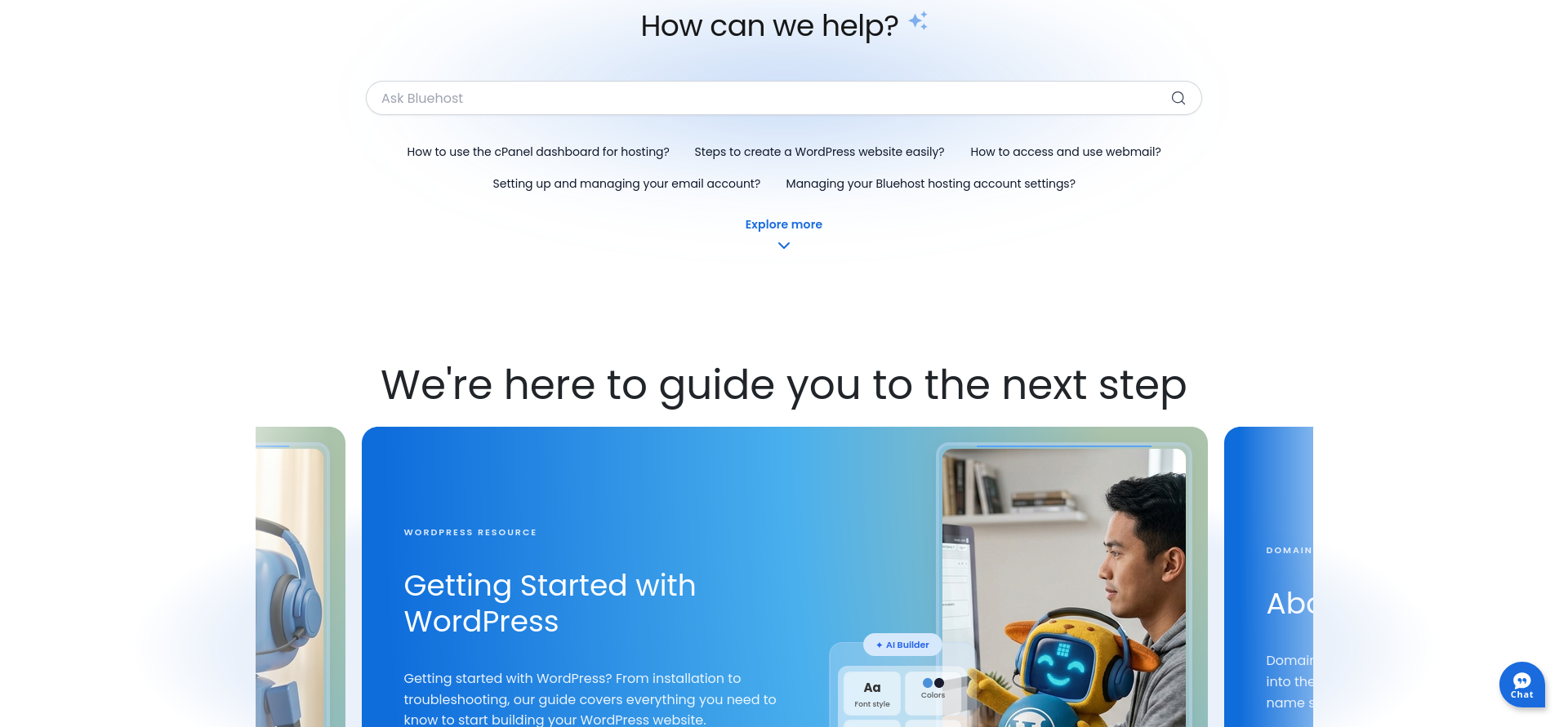 Bluehost knowledge base categories including AI Website Builder