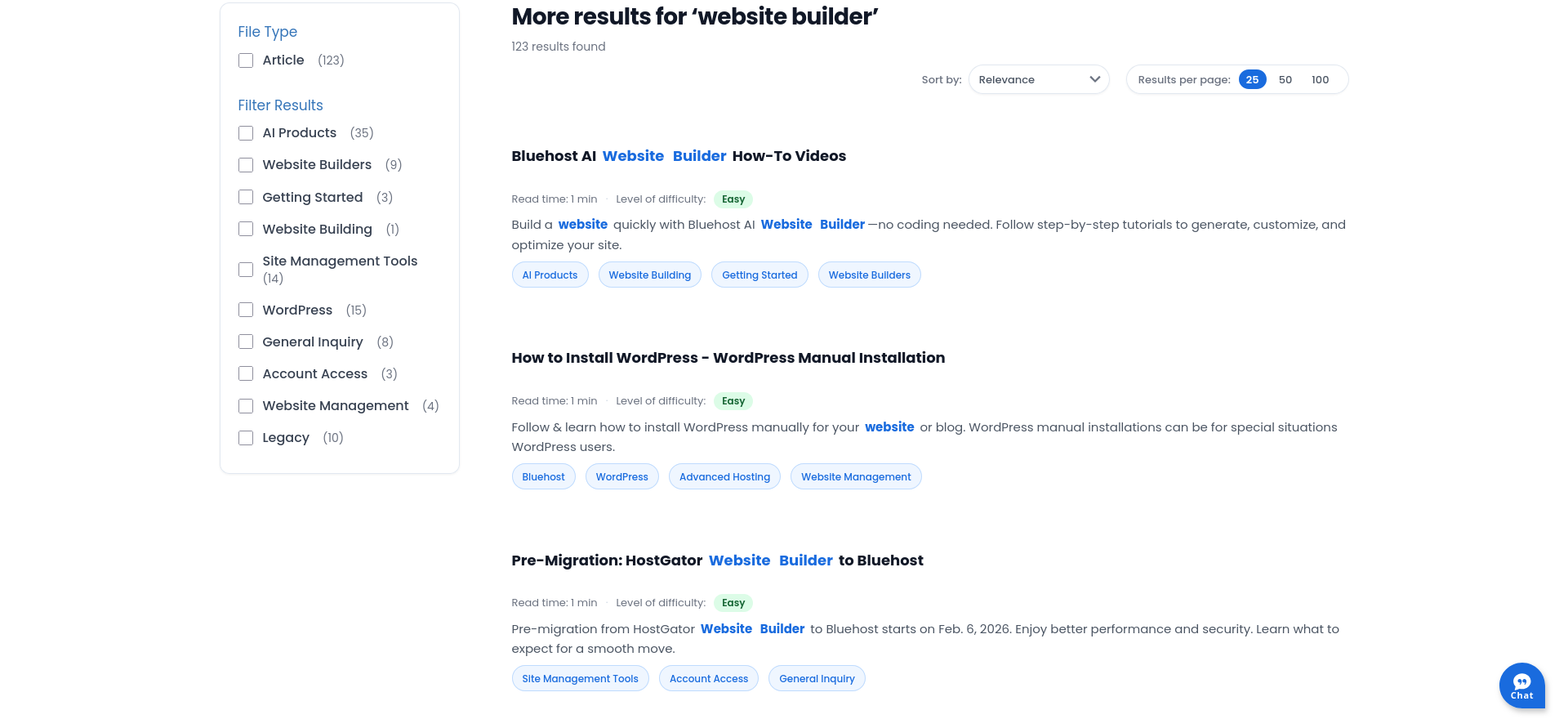 Bluehost knowledge base search results for website builder